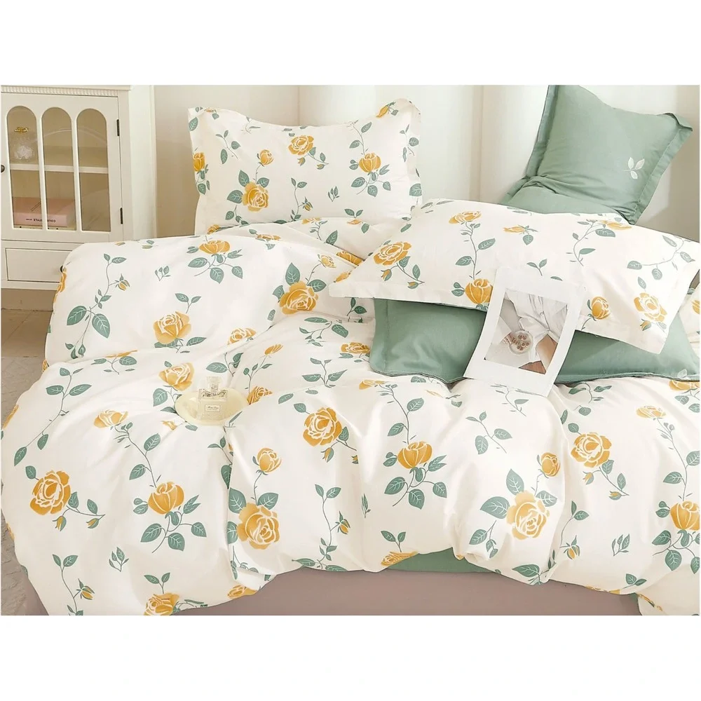 Boom‎ Casa Yellow Green Rose Floral 100% Cotton Reversible Comforter Set Queen